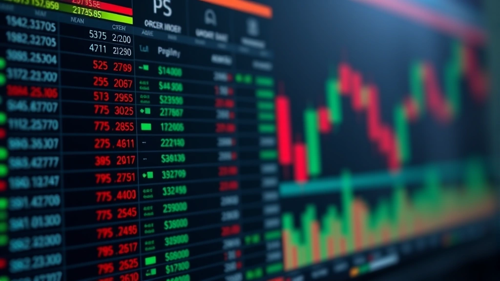 Detailed cryptocurrency exchange order book interface visualization, layered bid and ask orders creating depth profile, candlestick charts in background, green and red color scheme indicating price movement, clean minimalist design