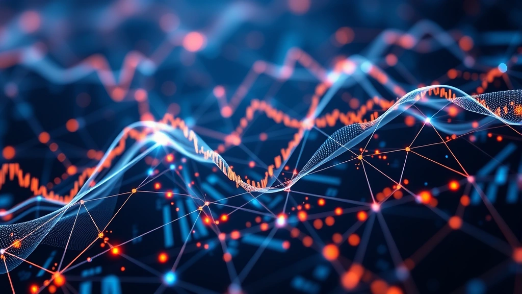 Abstract representation of market microstructure with flowing data streams and order flow visualization, interconnected nodes representing trading activity, blockchain network aesthetic, professional financial technology imagery
