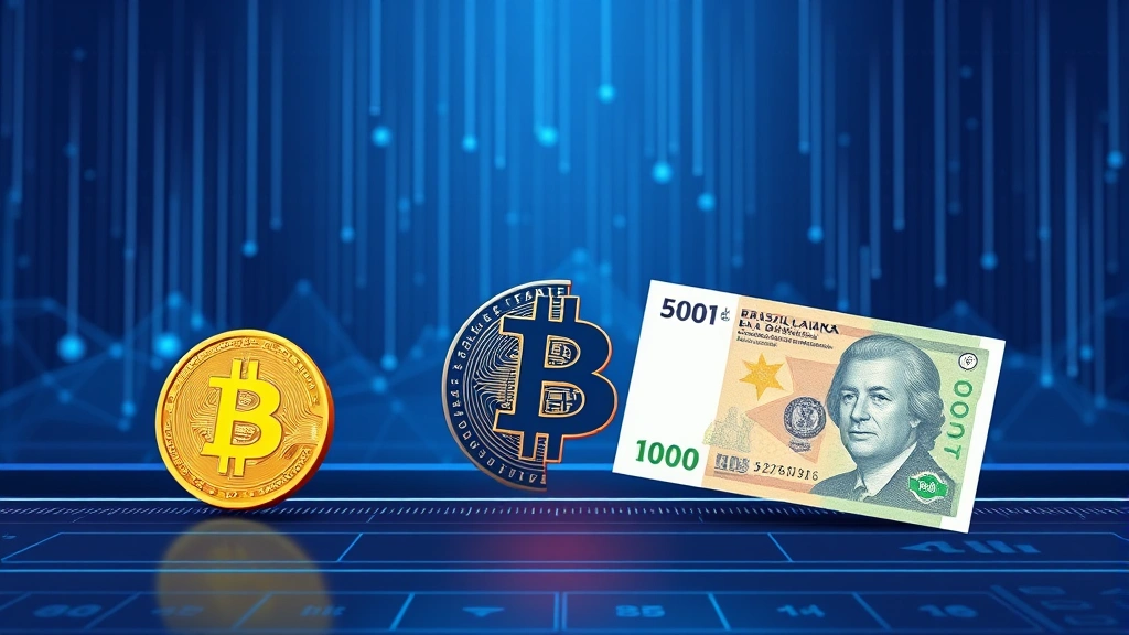 A digital illustration showing a Bitcoin coin transitioning into Brazilian Real currency notes in a modern cryptocurrency exchange interface, with blockchain network visualization in the background, photorealistic style, no text or numbers