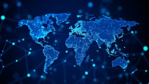 Digital representation of blockchain network nodes connecting globally, glowing blue and green light patterns, abstract cryptocurrency technology visualization, no text or numbers visible, photorealistic rendering