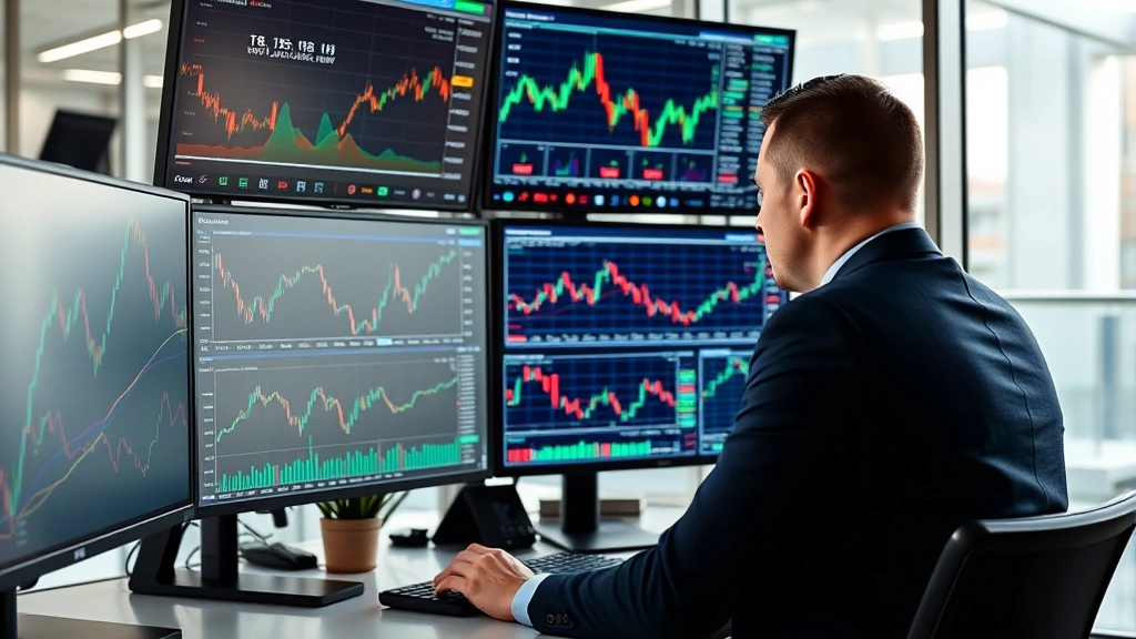 Investor analyzing financial data on multiple screens showing market trends, cryptocurrency portfolio dashboard, professional trading environment, modern office setting, focused analysis scene, no chart labels or ticker symbols visible