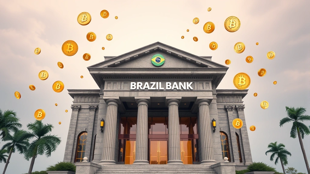 A Brazilian bank building with digital currency symbols floating around it, representing fiat currency conversion and banking integration with cryptocurrency, modern architecture style, photorealistic, no text or logos