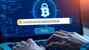 Digital wallet interface showing Bitcoin address input field and send button, soft blue and white color scheme, hands typing on keyboard, secure encrypted lock symbol visible in background