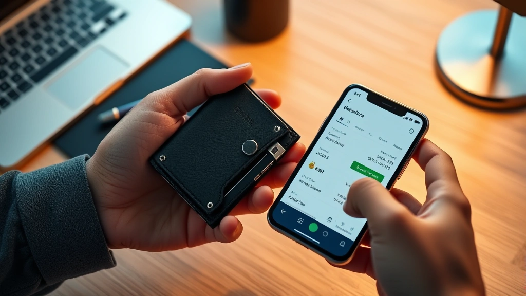 Person holding hardware wallet device with smartphone displaying transaction details, cryptocurrency security concept, professional photography style, warm lighting, minimalist setup on desk