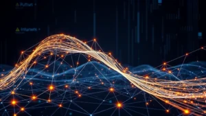 Futuristic digital visualization of Bitcoin network nodes connected by glowing lines forming a power law curve, abstract mathematical patterns overlaid on cryptocurrency blockchain data