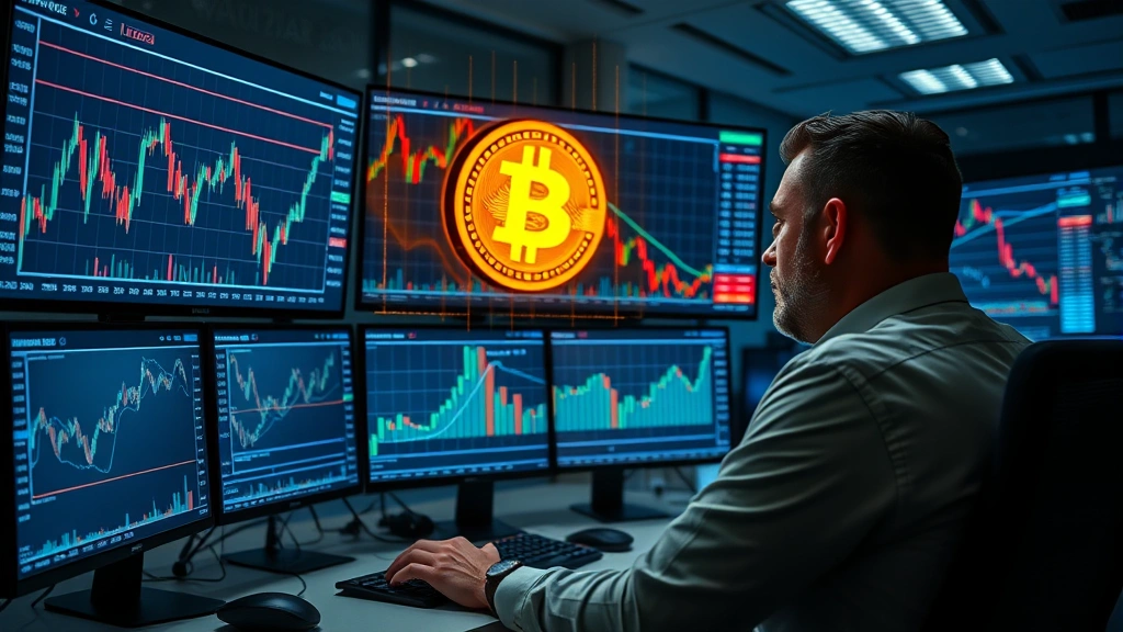 Cryptocurrency trader analyzing Bitcoin logarithmic price charts on multiple screens in modern trading room, holographic data displays showing market trends and power law analytics
