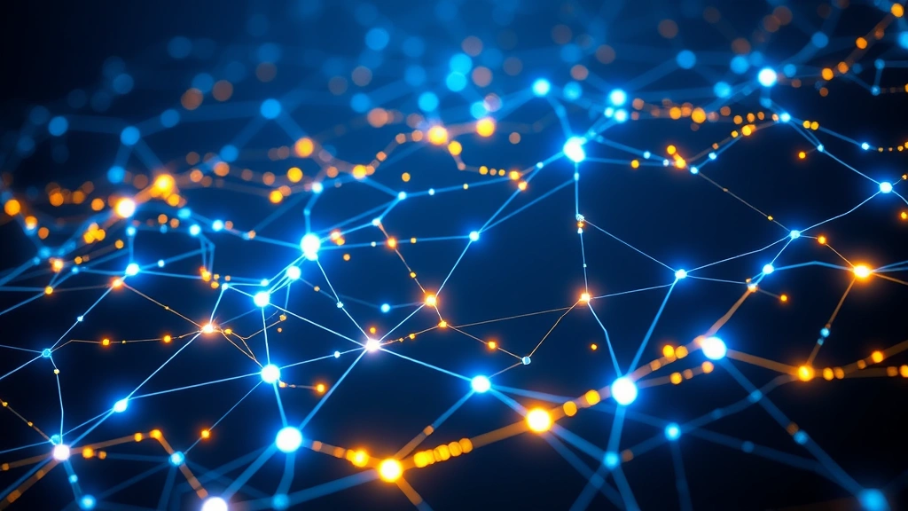 Digital visualization of Bitcoin blockchain network nodes glowing blue and gold, connected by luminous lines representing cryptocurrency transactions flowing across a dark background