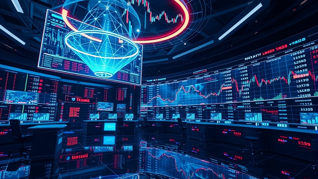 Futuristic cryptocurrency trading floor with holographic price charts and data streams, showing blockchain technology integration in modern financial markets