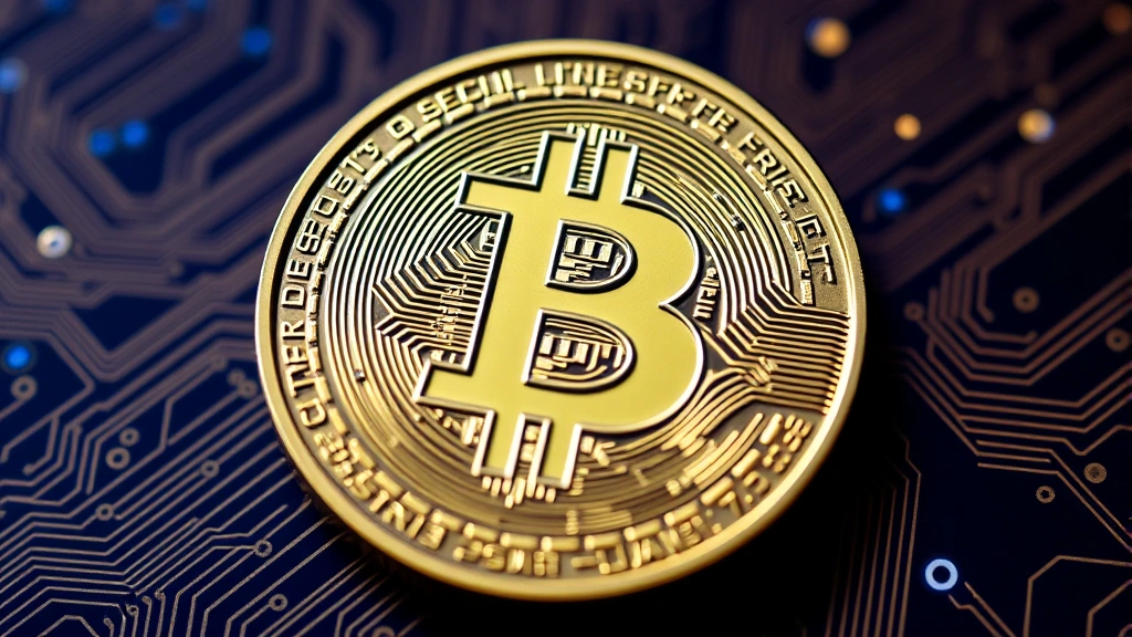 Close-up of Bitcoin physical representation coin with circuit board patterns and digital light effects, symbolizing digital currency merging with traditional finance