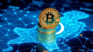 Photorealistic Bitcoin cryptocurrency coins stacked on a digital Pakistan map with glowing blue network connections and financial data flowing across the background