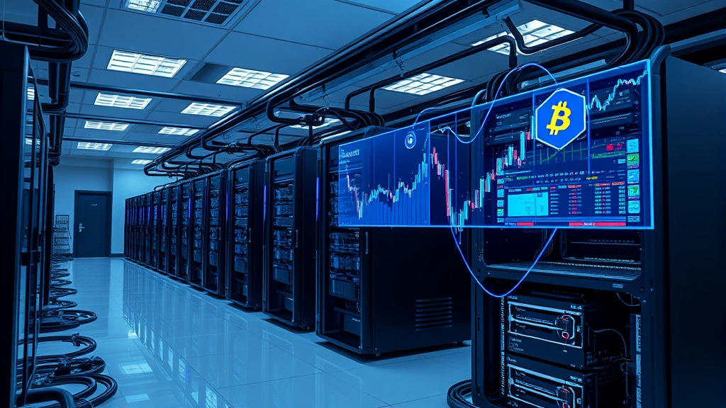 Modern cryptocurrency trading facility with multiple high-performance computers and cooling systems processing Bitcoin transactions with holographic market data displays