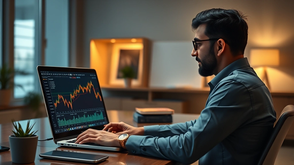 Photorealistic image of a Pakistani businessman analyzing Bitcoin price charts on a modern laptop screen in a professional office environment with minimalist decor, warm lighting, and cryptocurrency symbols subtly visible