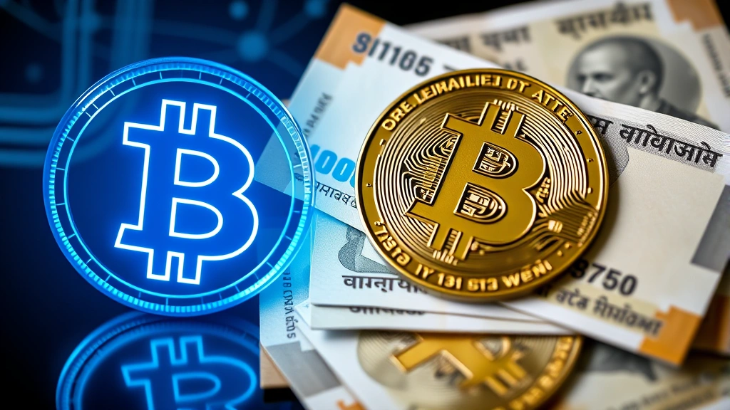 Photorealistic image of Pakistani currency notes (rupees) next to Bitcoin symbol glowing with blue digital light, modern financial technology aesthetic, no text or numbers visible