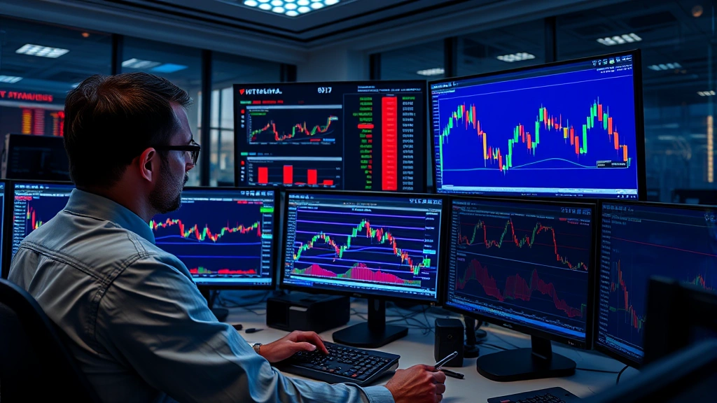 Photorealistic photo of a professional trader analyzing Bitcoin price charts on multiple computer monitors in a modern trading room, candlestick patterns visible but no readable text, professional environment