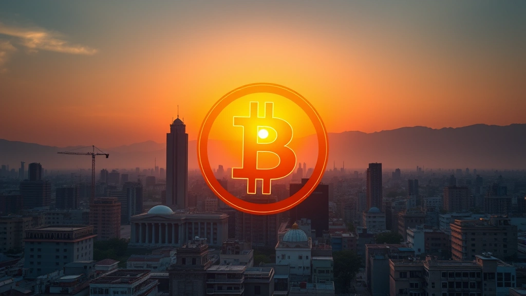 Realistic image of Pakistan's cityscape at sunset with digital Bitcoin symbol overlay, representing the intersection of traditional Pakistani economy and modern cryptocurrency markets, professional and contemporary aesthetic