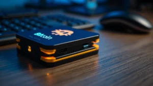 Close-up of a physical hardware wallet device with LED screen displaying Bitcoin symbol, sitting on a wooden desk with soft blue ambient lighting, cryptocurrency security concept