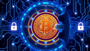Secure Bitcoin vault with glowing blue encryption locks and blockchain network nodes flowing around it, photorealistic digital security concept