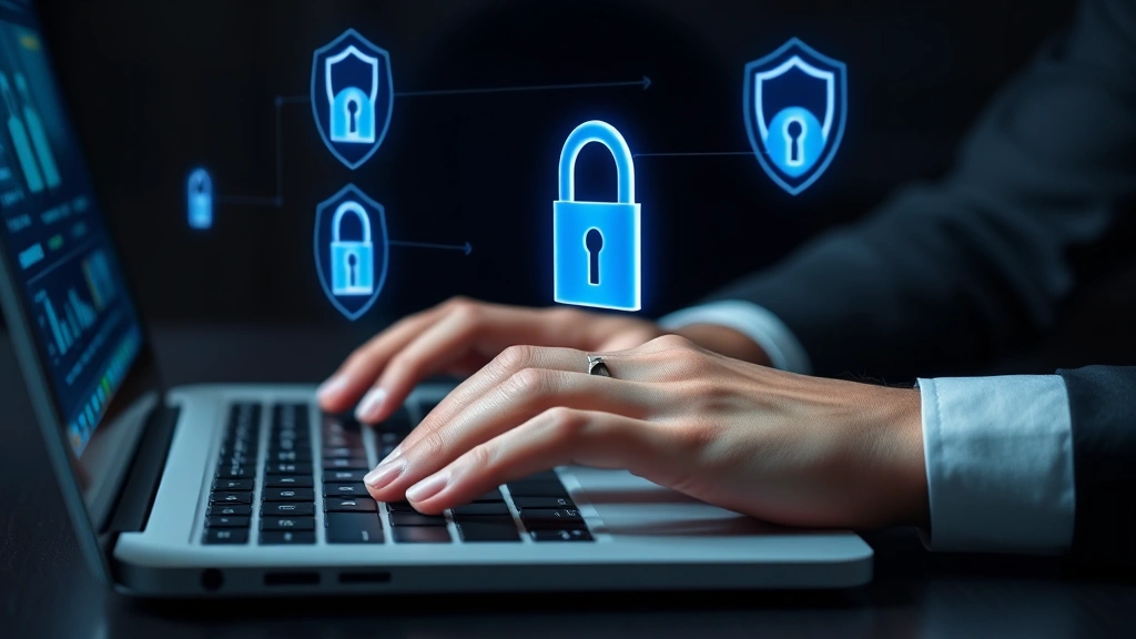 Hands typing on a laptop keyboard with holographic lock icons and security shields floating above the screen, cybersecurity and protection concept, dark modern office setting