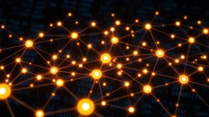 Photorealistic image of a complex digital network with glowing nodes and interconnected pathways representing distributed computing, cryptocurrency security infrastructure, and blockchain technology against a dark tech background with binary code patterns