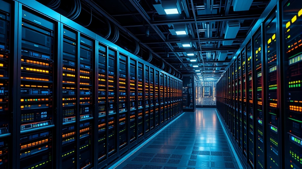 Photorealistic image of a massive server farm or data center with rows of computing equipment, glowing lights, and technological infrastructure representing the computational resources required for solving complex cryptographic puzzles in blockchain networks