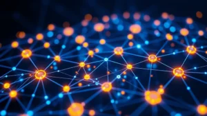 Photorealistic image of a blockchain network visualization with interconnected nodes glowing in blue and amber, representing Bitcoin's decentralized architecture without any text or charts