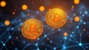 Photorealistic image of glowing cryptocurrency coins floating in digital space with blockchain network nodes visible in background, representing Bitcoin's decentralized architecture and mathematical certainty