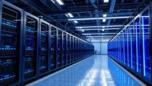 Photorealistic image of a sleek, modern cryptocurrency mining facility with rows of specialized hardware equipment, blue LED lights, and cooling systems in an industrial warehouse setting, showcasing advanced technology without any text or charts visible