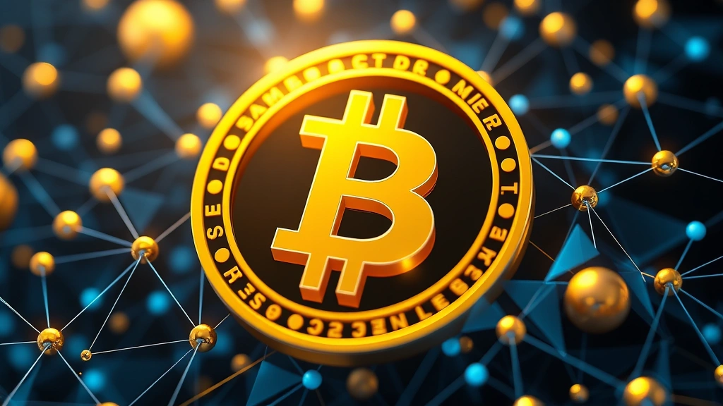 Photorealistic image of abstract Bitcoin symbol surrounded by digital currency concepts, showing interconnected network nodes in blue and gold tones, representing decentralized financial system, futuristic technology aesthetic, no text or symbols