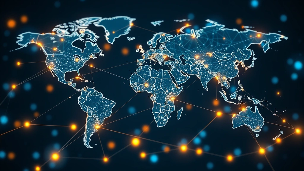 Decentralized blockchain network visualization with glowing nodes connected globally through light trails and data streams, representing distributed Bitcoin architecture without central point
