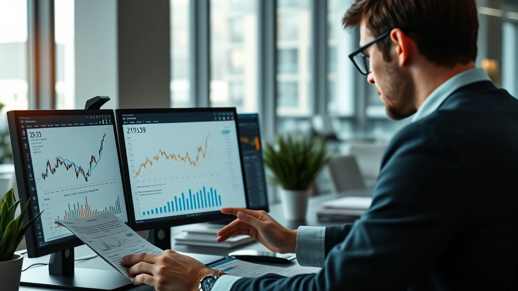 Realistic photograph of a person examining financial documents and charts, studying Bitcoin technology and blockchain principles on a computer screen in modern office setting