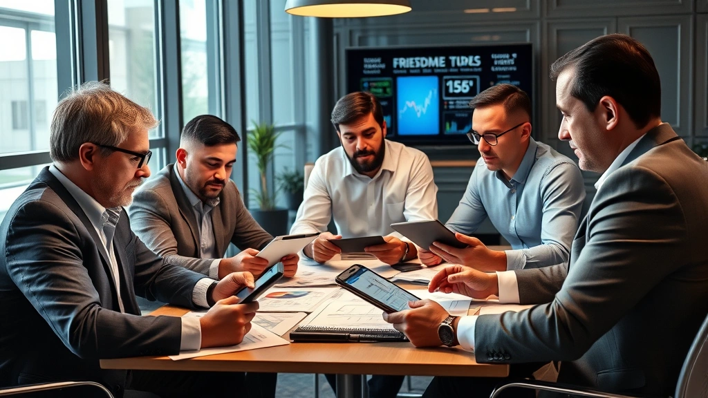 Photorealistic image of diverse group of investors reviewing financial charts and analysis on tablets and papers in a contemporary conference room setting, focused and thoughtful expressions, representing balanced investment decision-making process
