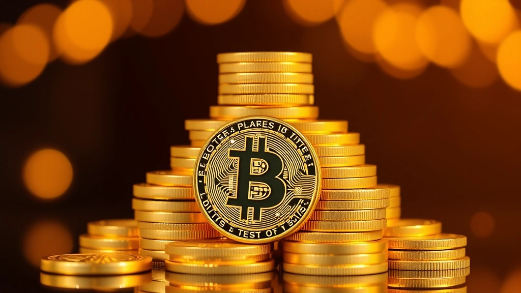 Golden Bitcoin coins stacked in ascending pyramid formation with warm lighting, symbolizing wealth accumulation and long-term value storage in cryptocurrency investment