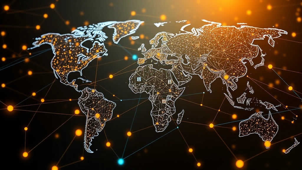 Photorealistic image of interconnected global nodes and digital pathways representing Bitcoin's worldwide decentralized network, with golden light emphasizing security and transparency of the blockchain
