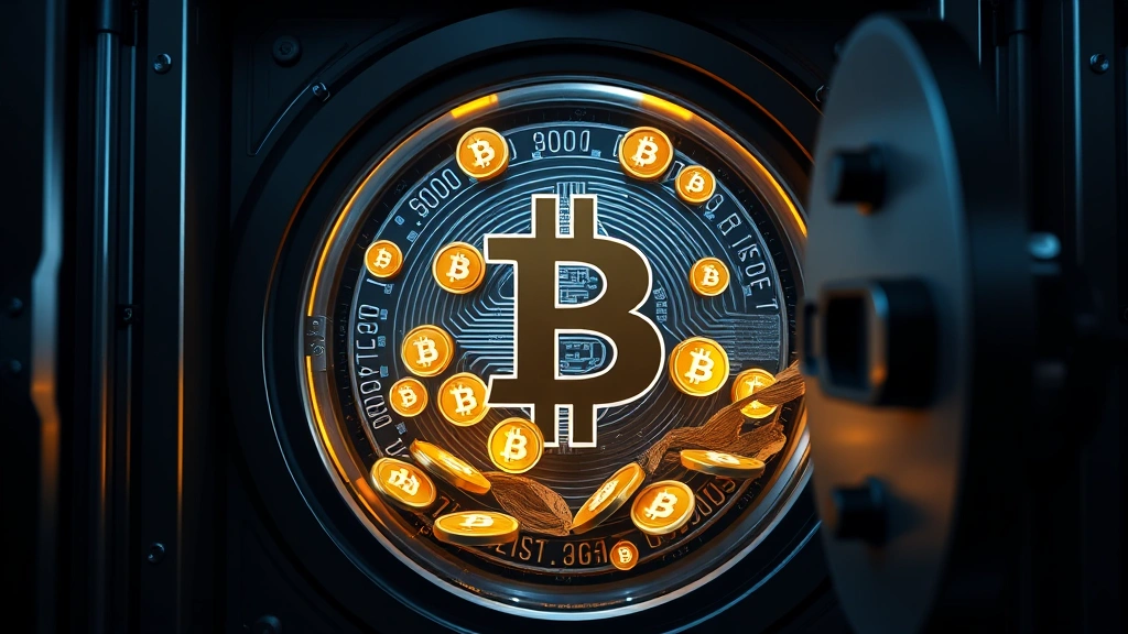 Digital representation of a secure Bitcoin vault with glowing cryptocurrency symbols, representing secure custody and long-term wealth accumulation in retirement accounts, photorealistic blockchain visualization