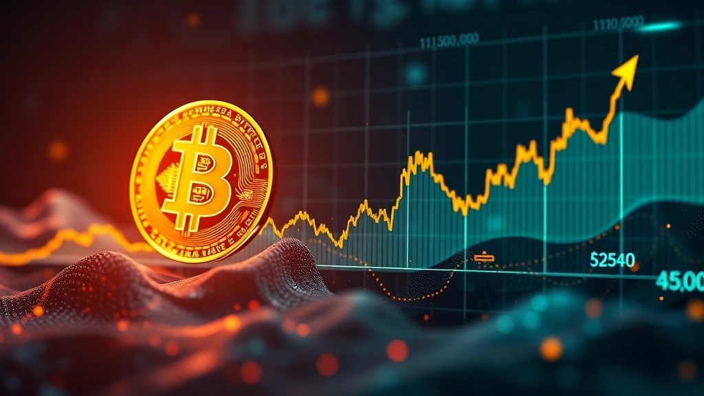 Cryptocurrency market volatility visualization showing Bitcoin price fluctuations over time with ascending and descending trends, representing investment risk and market cycles, photorealistic financial data imagery