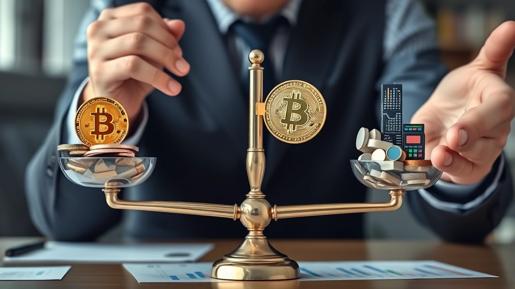 Professional investor analyzing portfolio allocation with Bitcoin and traditional assets balanced on scales, symbolizing diversification strategy and risk management in retirement planning, photorealistic wealth management scene
