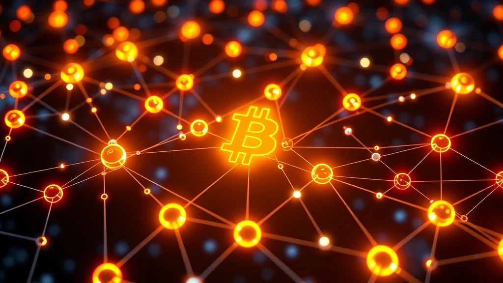 Digital illustration showing Bitcoin blockchain network with glowing nodes and interconnected pathways, representing distributed ledger technology and token transfers on Bitcoin's network
