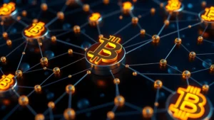 Digital representation of Bitcoin blockchain with glowing rune symbols and interconnected nodes, photorealistic 3D rendering, dark blue and gold color scheme, no text