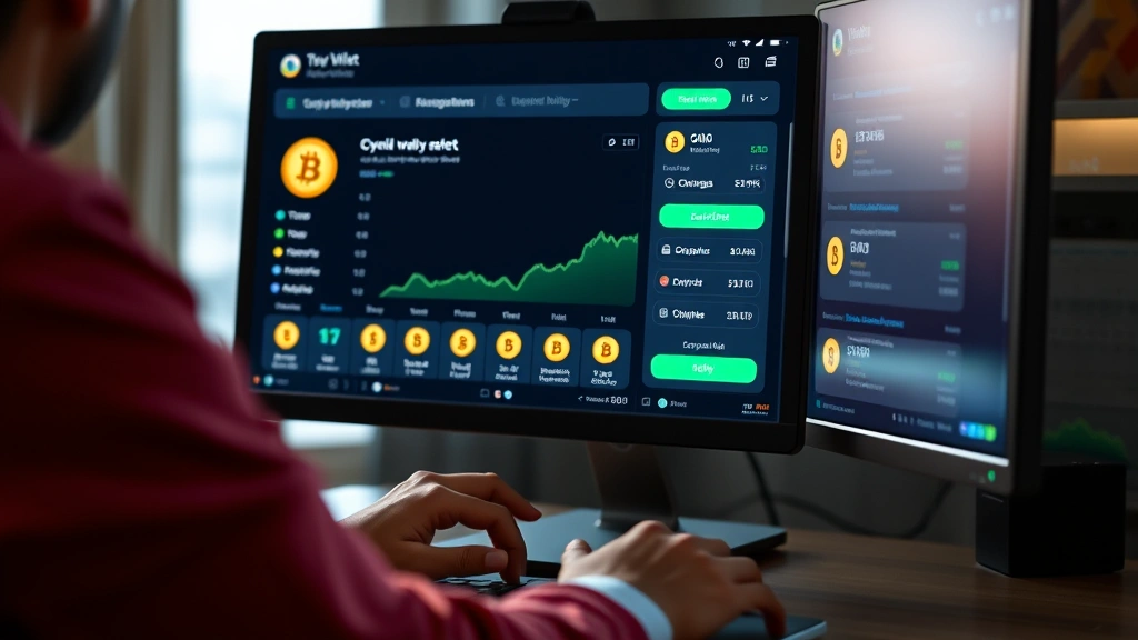 Photorealistic image of a person using a computer with cryptocurrency wallet interface displayed on screen, showing token management and digital asset ownership
