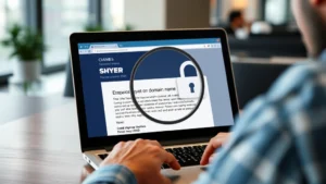 A person at a laptop reviewing an email on screen, with a magnifying glass highlighting suspicious elements like misspelled domain name and urgent language, modern office setting with security lock symbol overlay