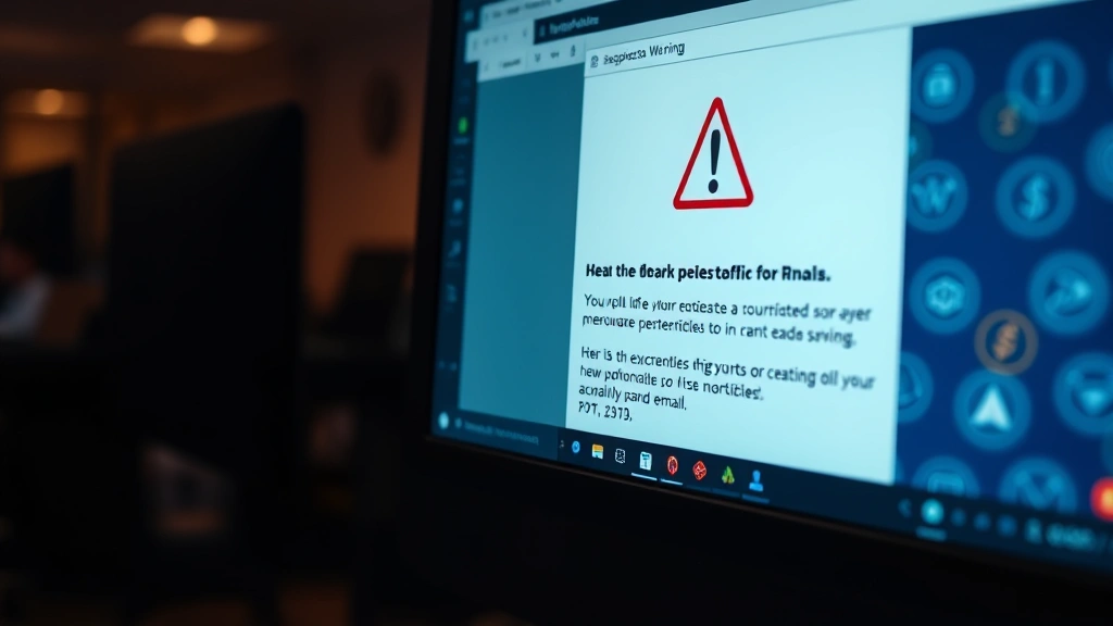 Close-up of a computer screen displaying a suspicious email with warning symbols, cryptocurrency icons in the background, realistic office setting with dim lighting