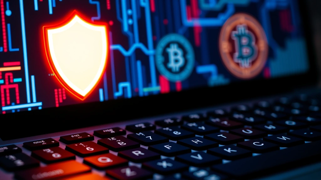 Close-up of a computer keyboard with a warning shield icon glowing above it, cryptocurrency symbols (Bitcoin logos) in the background, cybersecurity theme with blue and red security indicators