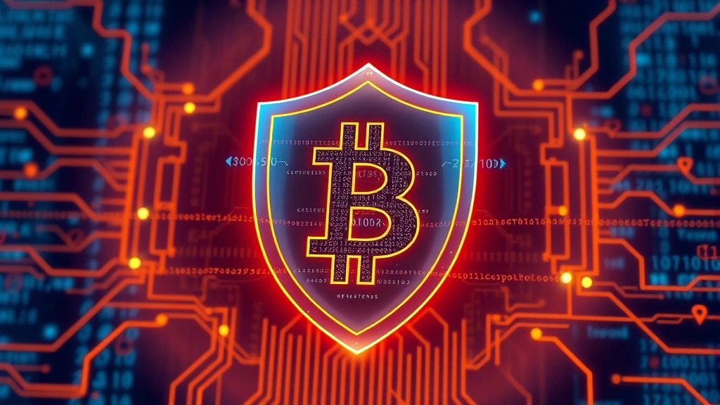 Digital illustration of a shield protecting a Bitcoin symbol from malicious code and phishing attempts, cybersecurity concept with blue and orange tones, blockchain network visualization