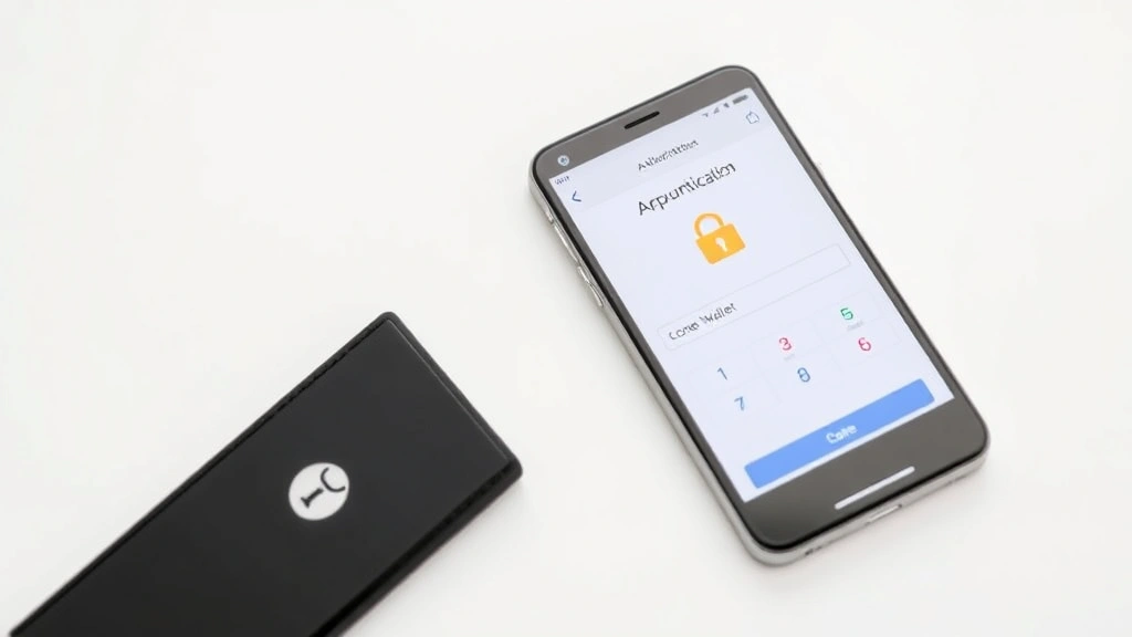 A smartphone displaying a secure authentication interface with two-factor authentication code entry screen, hardware wallet device visible nearby, padlock symbol and encrypted connection indicators, clean minimalist design