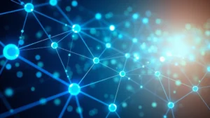 Photorealistic image of a blockchain network visualization showing interconnected nodes and data flows, with blue and green digital light trails representing Bitcoin transactions moving through a distributed ledger system, no text or labels