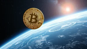 Photorealistic image of a Bitcoin coin hovering above Earth with stars and galaxies in the background, representing financial growth and digital currency reaching new heights, no text or numbers