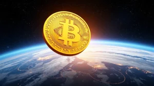 Bitcoin coin floating above Earth against starry space background, representing growth and reaching new heights, photorealistic 3D rendering with cosmic elements