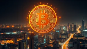 Photorealistic image of a glowing Bitcoin coin floating above a digital cityscape at night, with blockchain network nodes visible as connected light particles around the coin, representing Bitcoin's rise in value and technological advancement, no text or charts