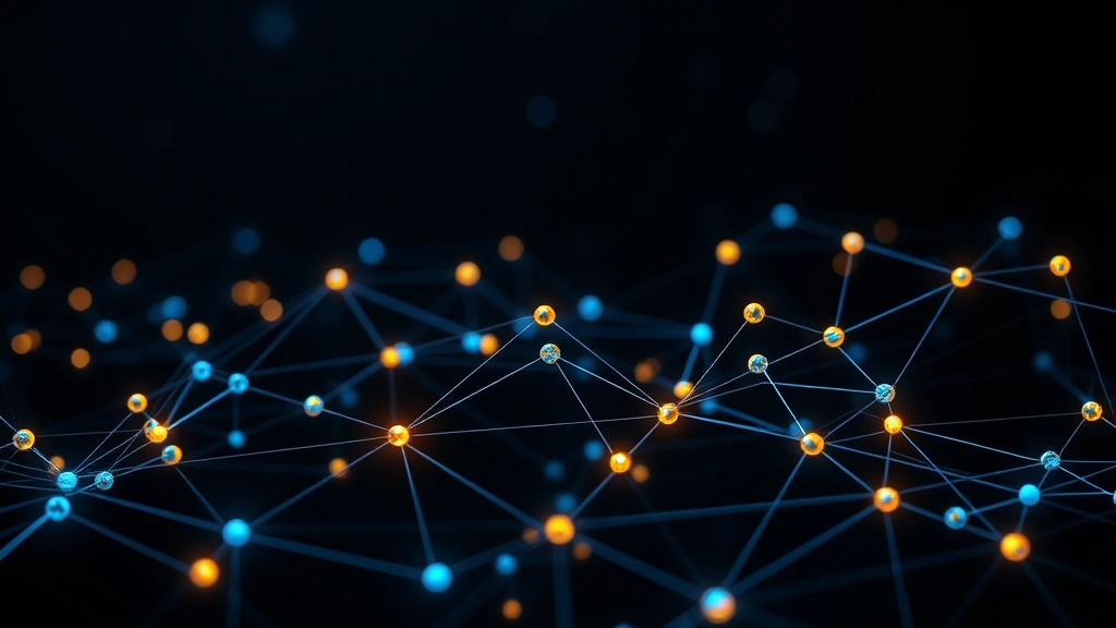 Photorealistic visualization of blockchain network nodes connected with glowing lines representing Bitcoin network security and institutional adoption, dark background with blue and gold lighting, no charts or text
