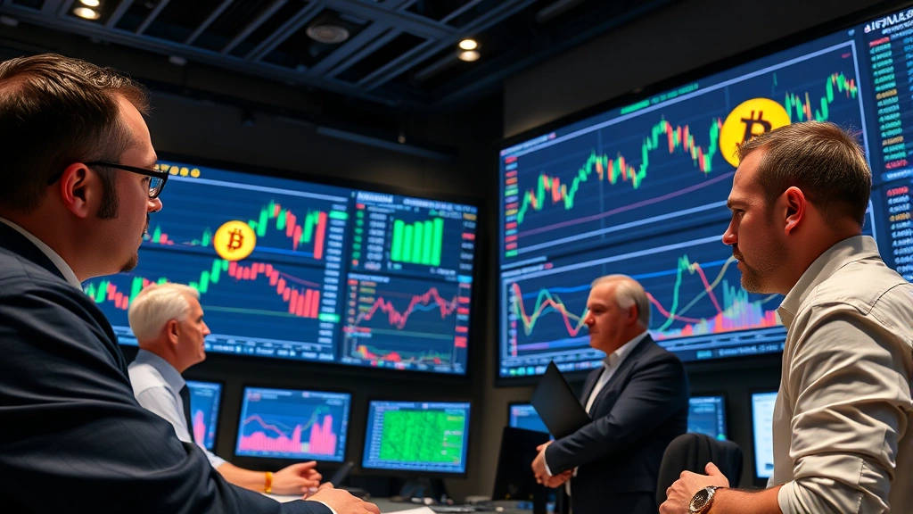 Diverse group of financial professionals analyzing Bitcoin charts on large digital screens in modern trading floor, showing institutional adoption and data-driven analysis